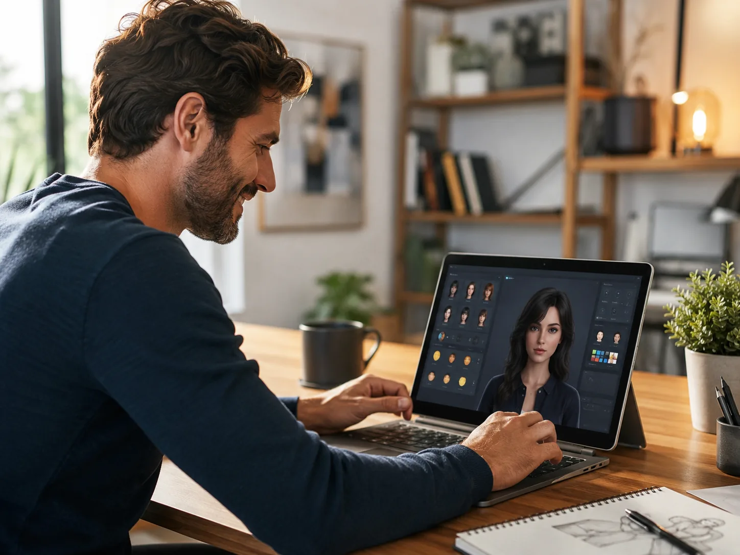 Homem à mesa montando uma personagem em um editor no laptop, com opções de rosto e cor ao lado do avatar