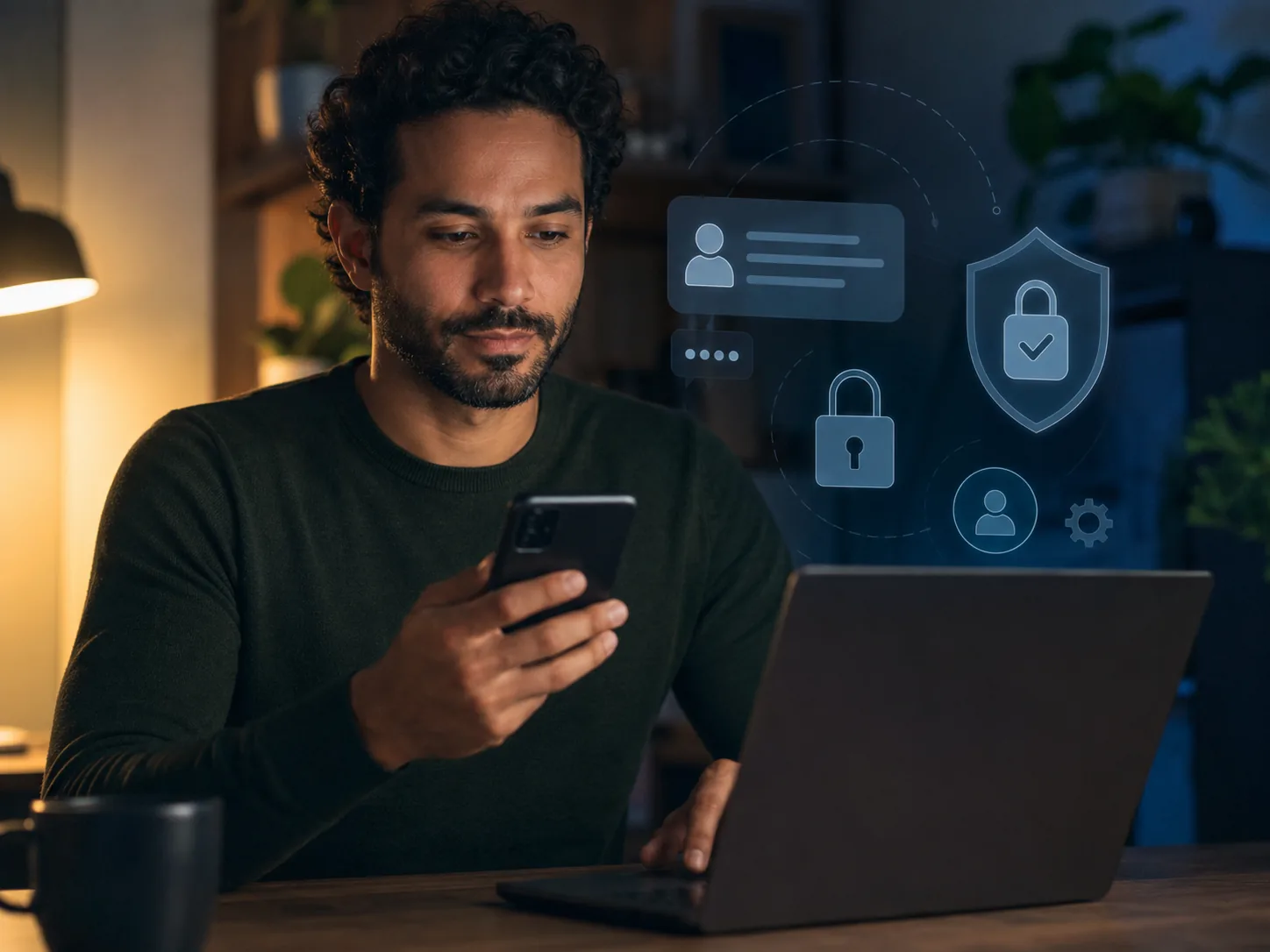 Homem usando o celular ao lado do laptop, com ícones de cadeado, escudo e configurações de privacidade flutuando