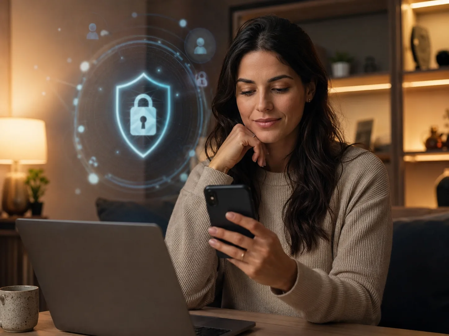 Mulher usando o celular à mesa, com um cadeado e um escudo de segurança projetados ao lado do laptop