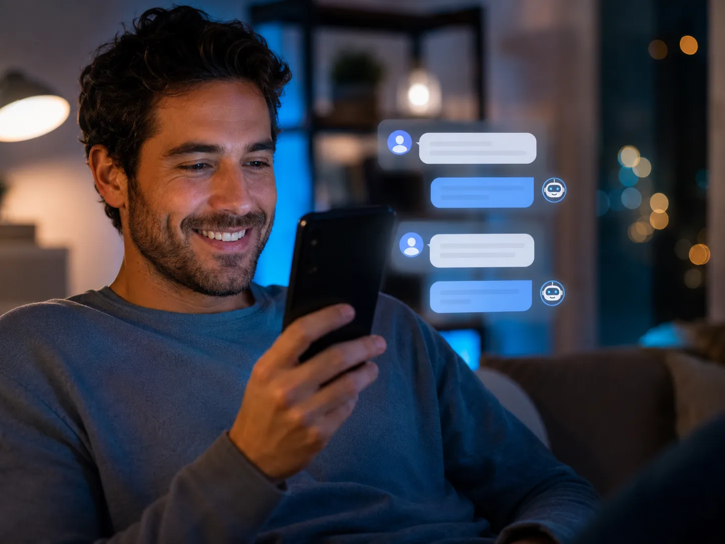 Homem relaxado no sofá conversando pelo celular, com balões de mensagem e ícones de robô ao lado