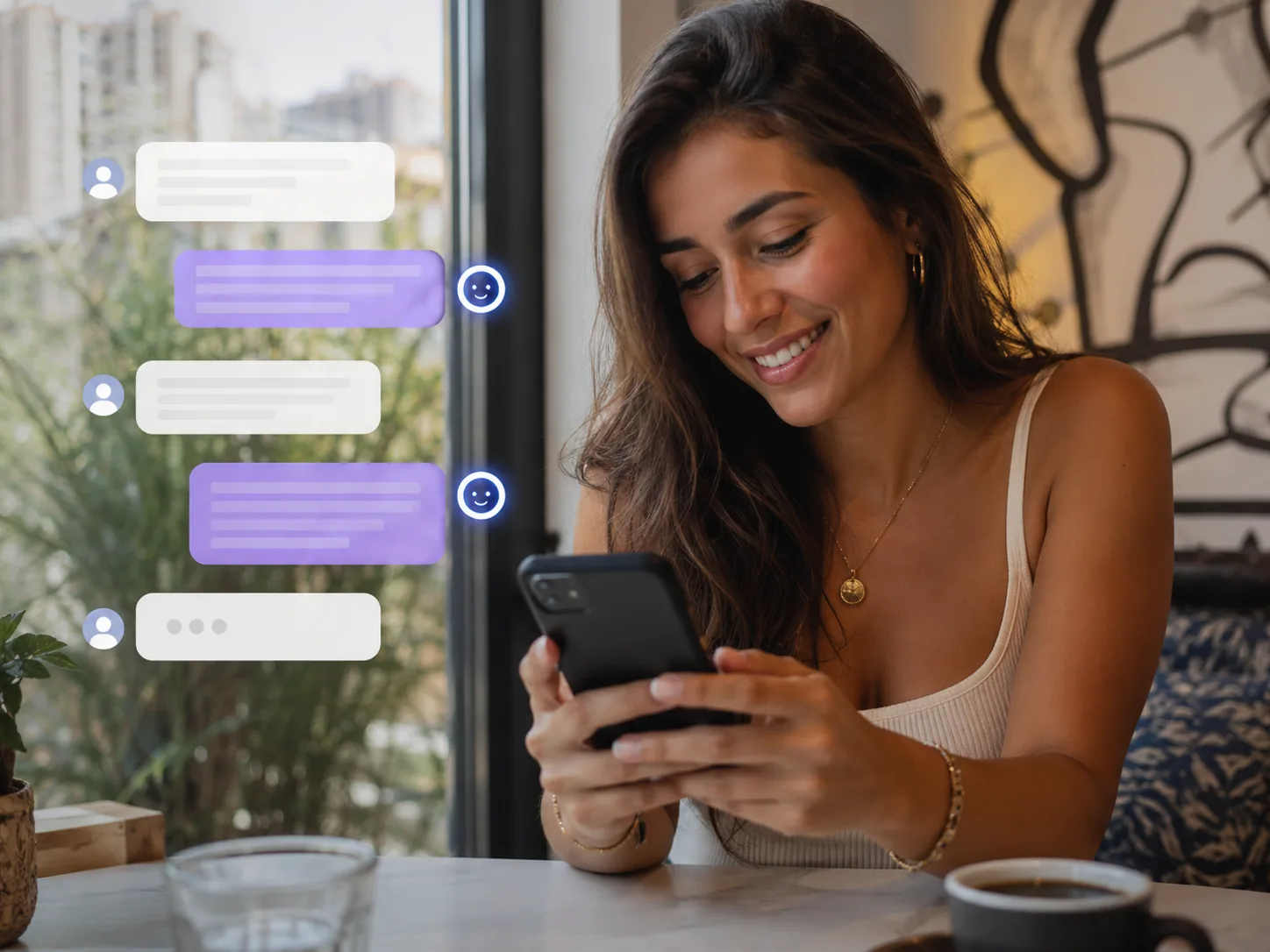 Mulher sorrindo enquanto usa o celular, com balões de conversa e reações flutuando ao lado