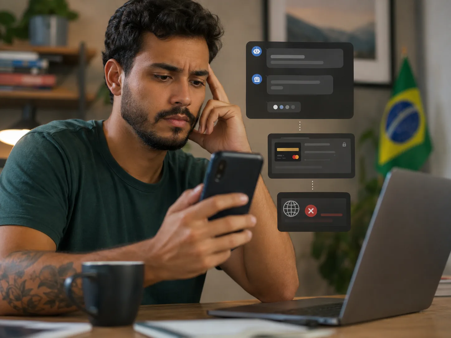 Homem preocupado com o celular na mão, ao lado de um laptop, com ícones de cartão e de erro de pagamento flutuando e a bandeira do Brasil ao fundo